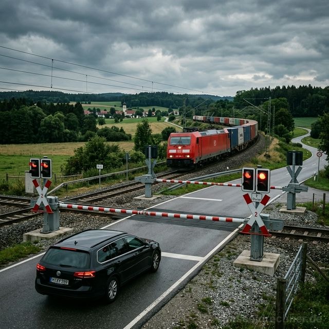 Beschrankter Bahnübergang mit rotem Blinklicht und wartendem PKW