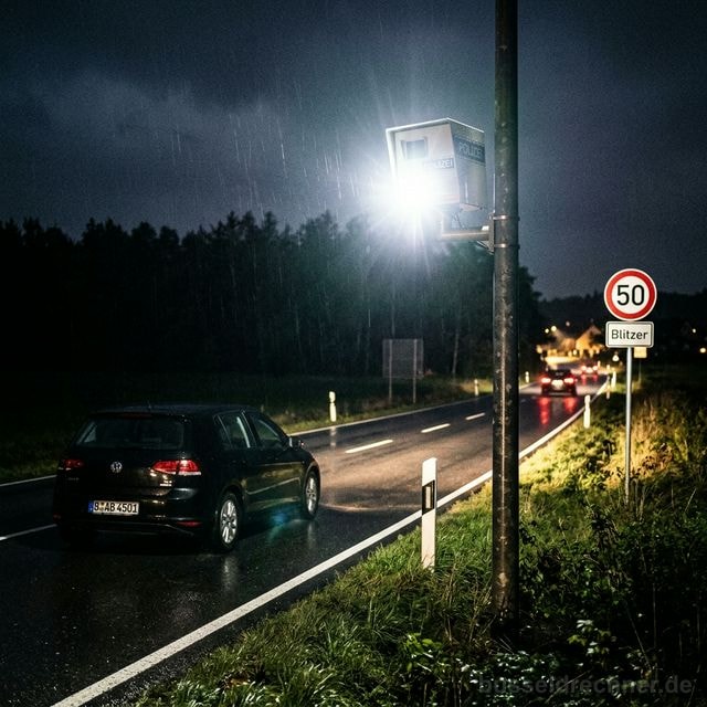 Deutscher Geschwindigkeitsblitzer bei Nacht im Moment des Blitzens