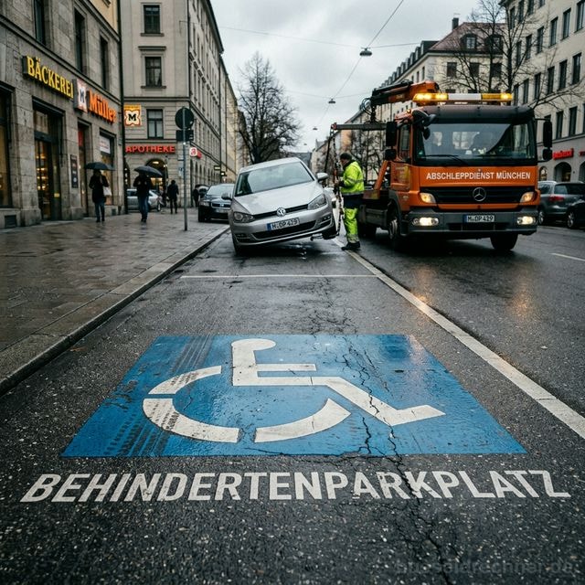 Behindertenparkplatz mit Rollstuhlsymbol und Abschleppwagen im Hintergrund — Falschparker werden sofort abgeschleppt