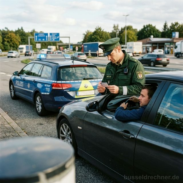 Polizeikontrolle auf der Autobahn — Beamter prüft den Führerschein eines Fahrers
