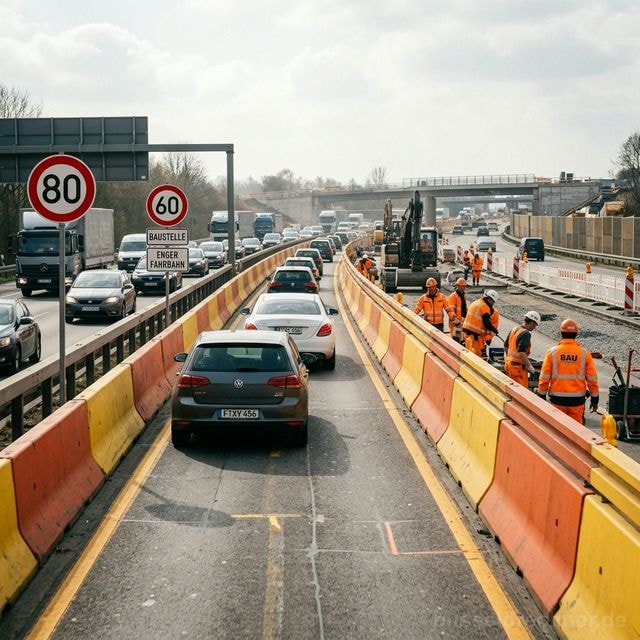 Autobahnbaustelle mit verengten Fahrspuren und Tempo-80-Begrenzung