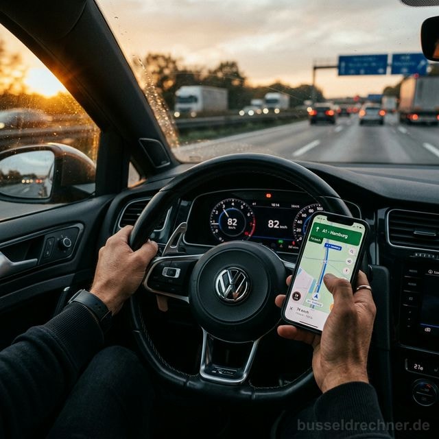 Fahrer hält Smartphone am Steuer während der Fahrt auf der Autobahn