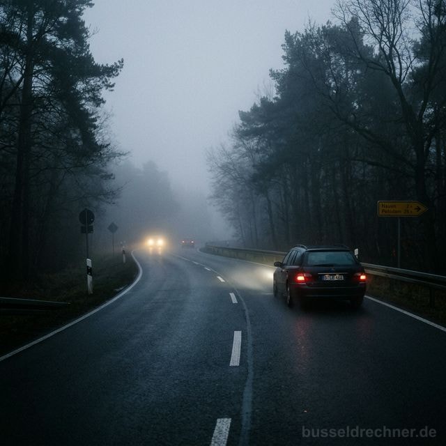 Dichter Nebel auf einer deutschen Landstraße — eingeschränkte Sicht