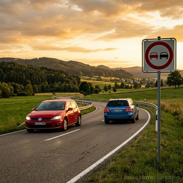 Überholmanöver auf einer deutschen Landstraße bei Sonnenuntergang mit Überholverbot-Schild
