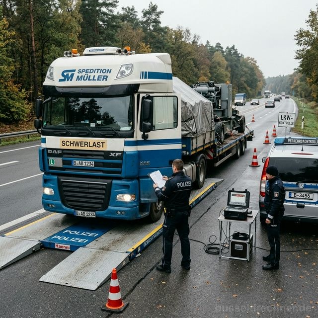 Polizeikontrolle — LKW auf mobiler Waage bei der Gewichtskontrolle