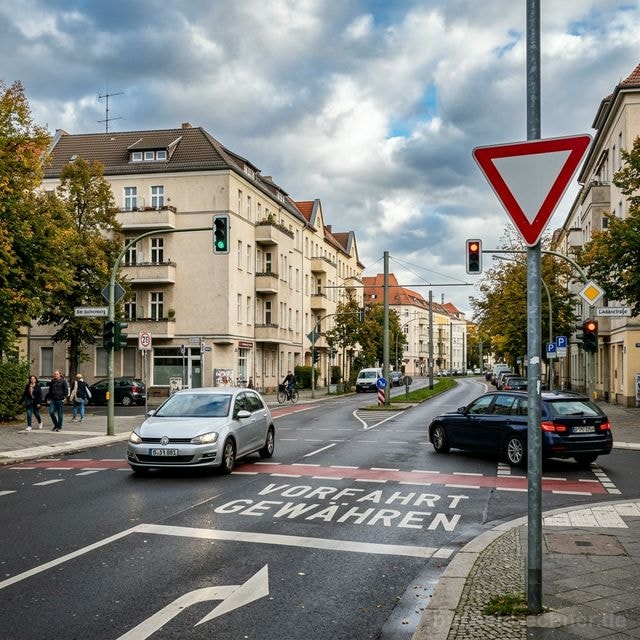 Abbiege-Situation an einer typisch deutschen Kreuzung