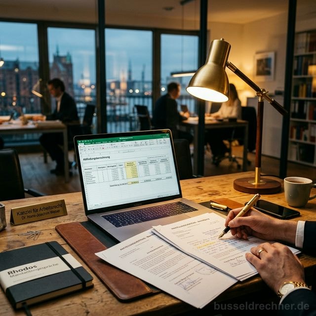 Arbeitsrechtler berechnet Abfindung am Laptop in einer Hamburger Kanzlei – Abfindungsberechnung nach § 1a KSchG