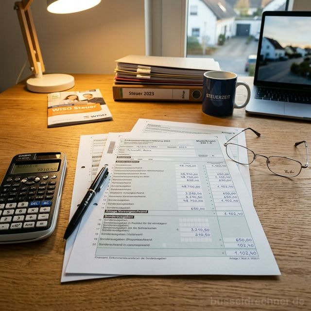 Einkommensteuerbescheid mit Abfindungsberechnung, Taschenrechner und Euro-Geldscheinen auf einem Schreibtisch