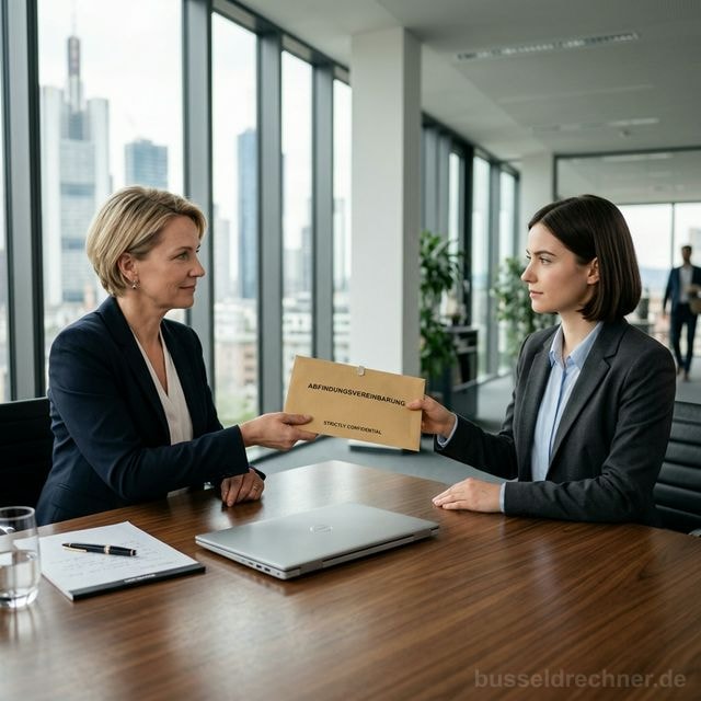 Abfindungsverhandlung in einer deutschen Anwaltskanzlei zwischen Arbeitnehmer, Arbeitgeber und vermittelndem Rechtsanwalt