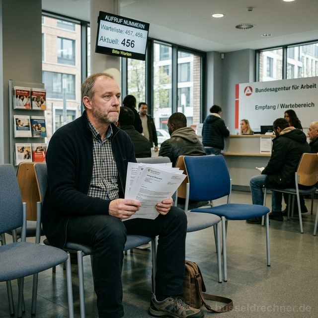 Wartende Personen mit Unterlagen im Wartebereich der Agentur für Arbeit