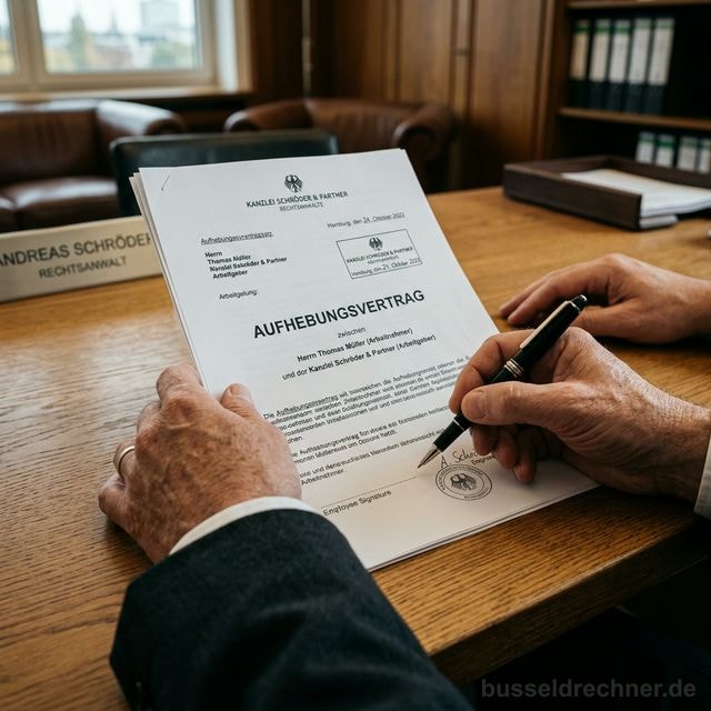 Arbeitnehmerin zögert vor der Unterschrift eines Aufhebungsvertrags im Büro der Personalabteilung