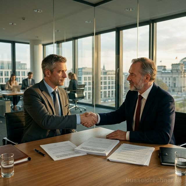 Arbeitnehmer und Arbeitgeber besiegeln Aufhebungsvertrag per Handschlag in einem Berliner Büro