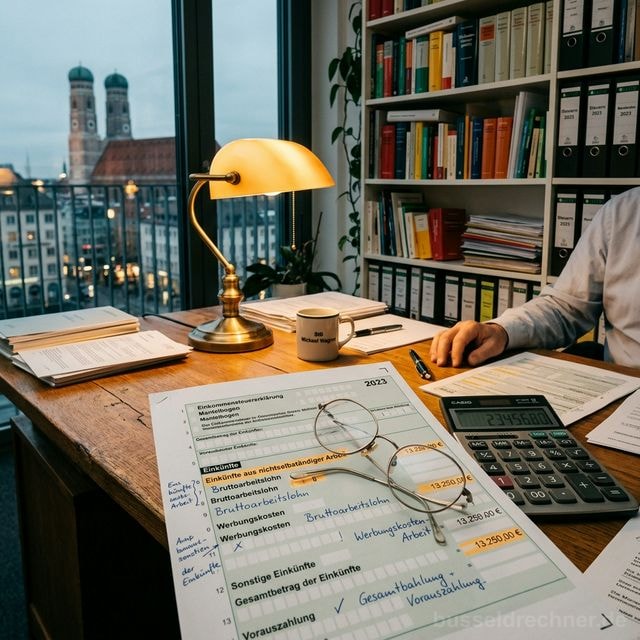 Steuerberater berechnet die Fünftelregelung für eine Abfindung in einem Münchner Büro