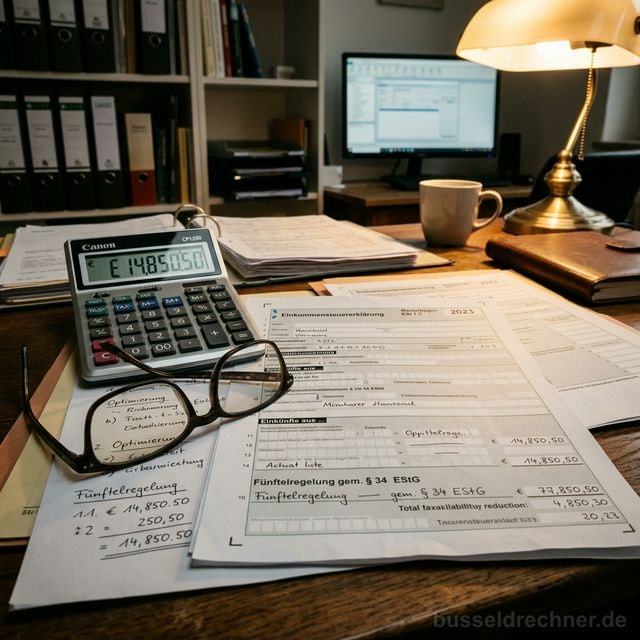 Steuerberater erklärt einer Klientin die Fünftelregelung anhand eines Berechnungsblattes