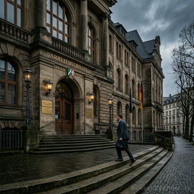 Verhandlung am deutschen Arbeitsgericht mit Richterin, Kläger und Beklagtem mit ihren Anwälten