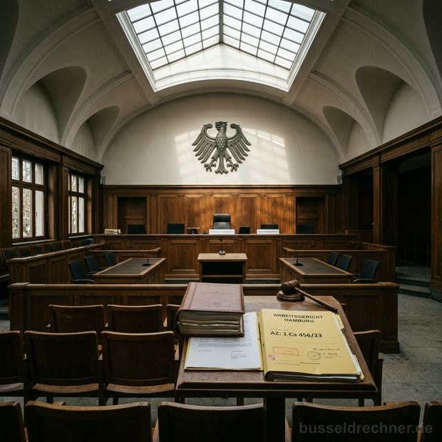 Innenansicht eines deutschen Arbeitsgerichts — Richterbank mit Bundesadler und Verhandlungsakten