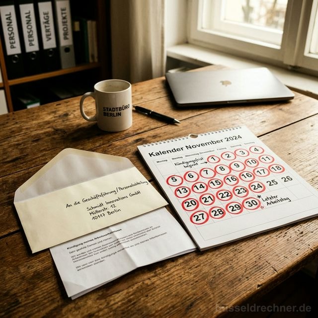 Kalender mit markierten Kündigungsfristen und Kündigungsschreiben auf einem Büroschreibtisch