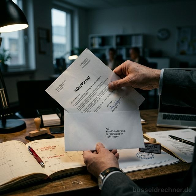 Hand wirft ein Kündigungsschreiben in einen gelben Briefkasten der Deutschen Post auf einer deutschen Straße