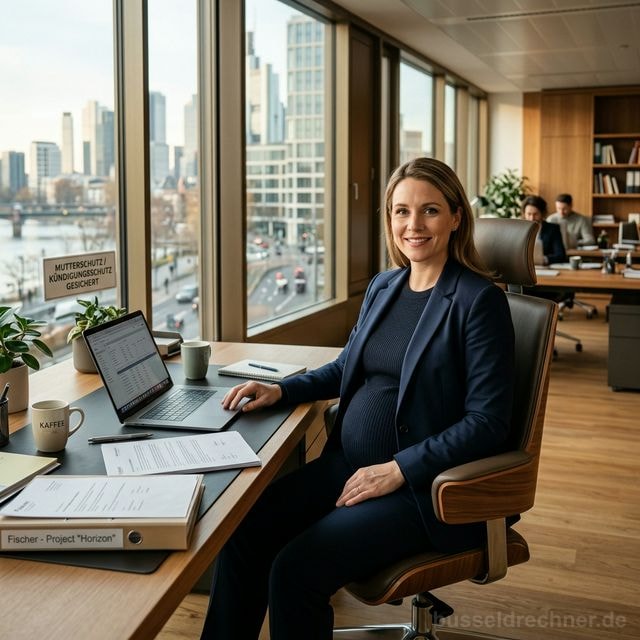 Schwangere Arbeitnehmerin arbeitet konzentriert am Schreibtisch in einem modernen deutschen Büro