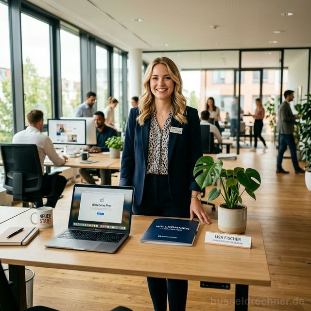 Neue Mitarbeiterin an ihrem ersten Tag im Büro — Willkommensmappe und Laptop bereit