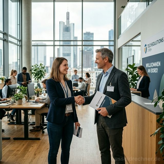 Neue Mitarbeiterin begrüßt ihre Vorgesetzte per Handschlag am ersten Arbeitstag mit Willkommensmappe auf dem Tisch