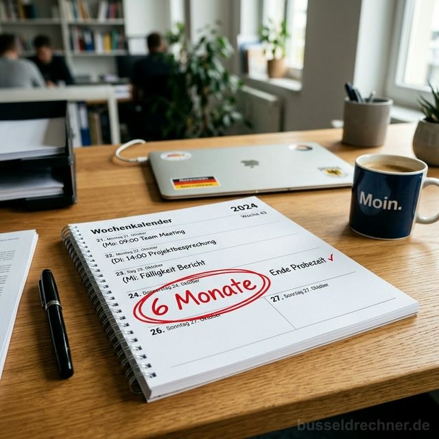 Arbeitsvertrag mit hervorgehobener Probezeit-Klausel, Mitarbeiterausweis und Willkommenskarte auf einem Schreibtisch