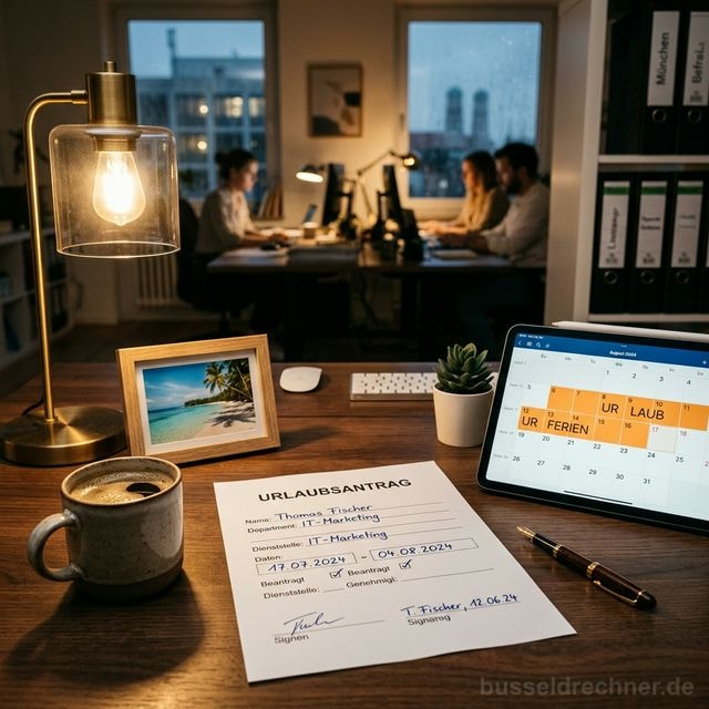 Urlaubsantrag auf einem Schreibtisch neben Strandfoto und digitalem Kalender — Urlaubsplanung im Büro