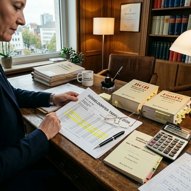 Familienrechtler studiert die Düsseldorfer Tabelle 2026 in seiner Kanzlei mit BGB und FamFG-Kommentaren
