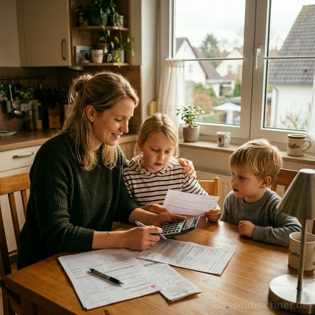 Mutter berechnet mit ihren Kindern am Küchentisch den Kindesunterhalt – Symbolbild Düsseldorfer Tabelle