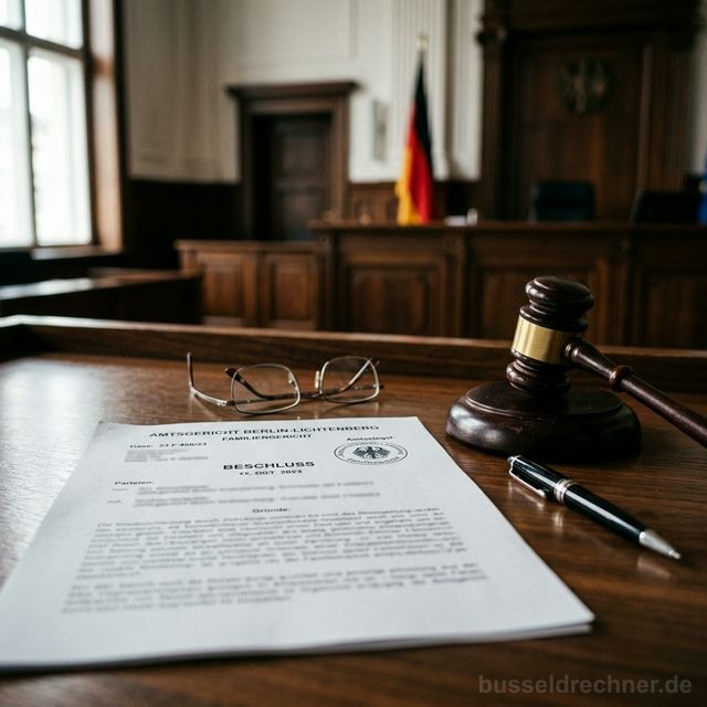 Gerichtsbeschluss des Familiengerichts auf einem Richtertisch mit Richterhammer – Symbolbild Unterhaltsverfahren