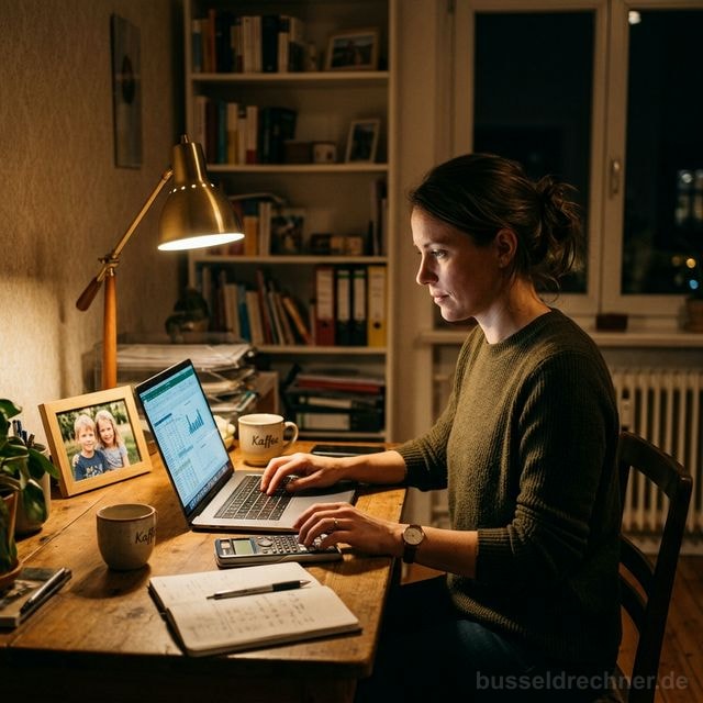 Frau berechnet abends am Laptop den Ehegattenunterhalt – Kinderfoto auf dem Schreibtisch