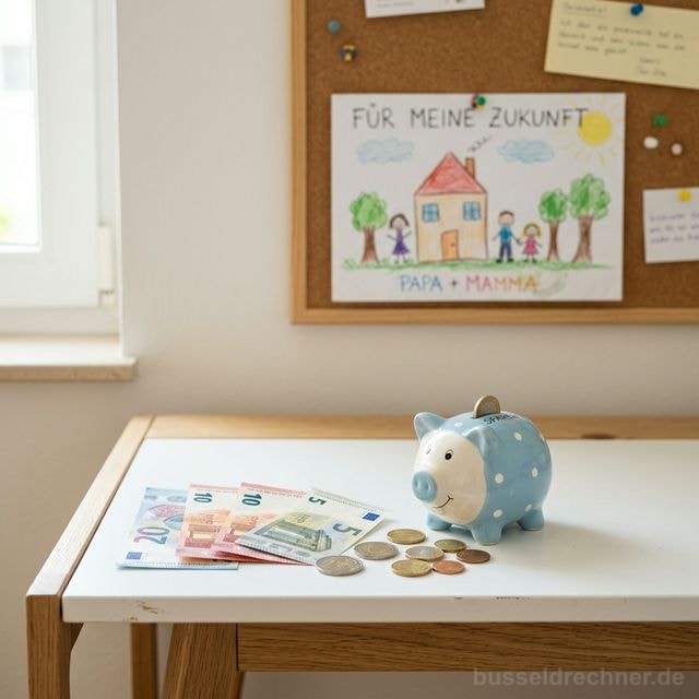 Sparschwein und Euro-Geldscheine auf einem Kinderschreibtisch – Symbolbild Kindesunterhalt und finanzielle Verantwortung