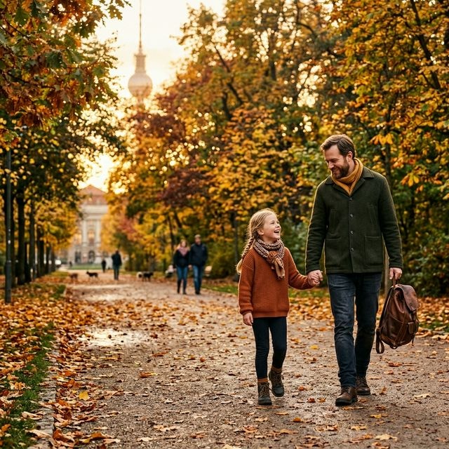 Vater und Kind spazieren Hand in Hand durch einen Berliner Park im Herbst