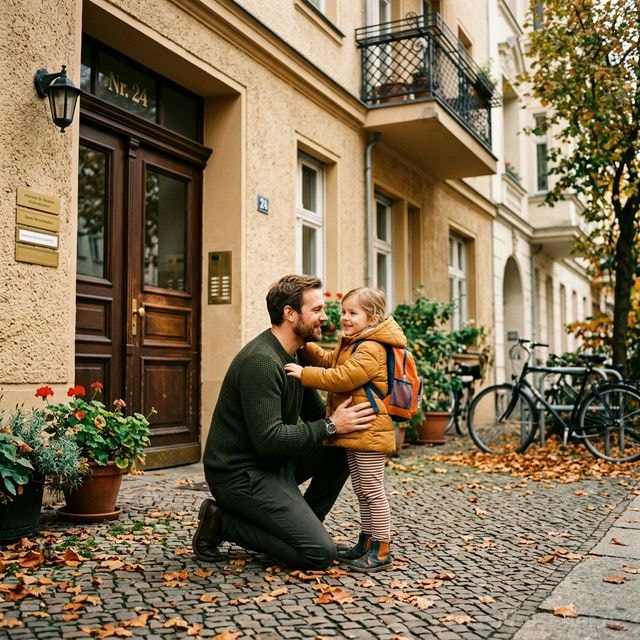 Vater verabschiedet seine kleine Tochter vor einem Berliner Altbau – Symbolbild Kindesunterhalt