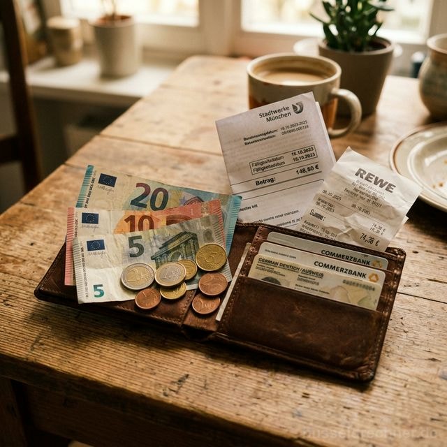 Offener Geldbeutel mit wenig Bargeld, Rechnungen und Kassenbons auf einem Küchentisch — Symbolbild Selbstbehalt