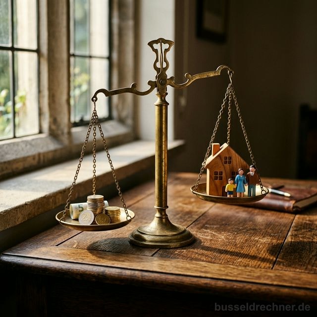 Waage mit Euro-Münzen und Familienfiguren – Symbolbild Abwägung Selbstbehalt und Unterhaltspflicht
