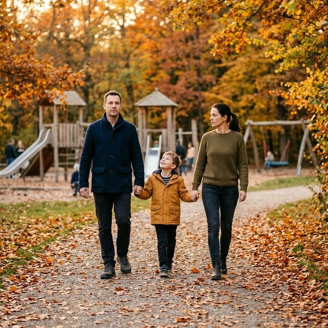 Getrennte Eltern spazieren mit ihrem Kind im Herbstpark – Symbolbild gemeinsames Sorgerecht