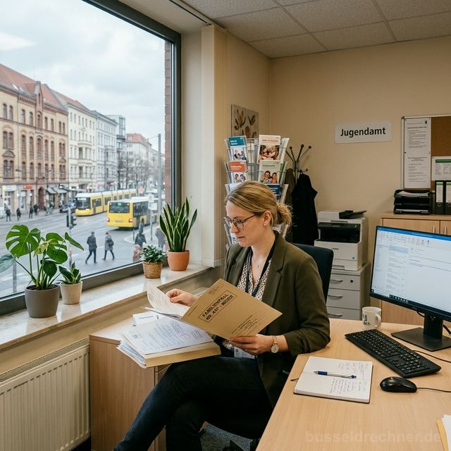 Sozialarbeiterin im Jugendamt prüft Familienakte – Symbolbild Sorgerechtsverfahren