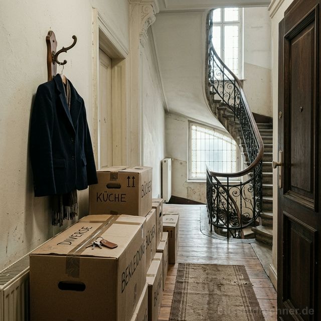 Umzugskartons im Flur einer Berliner Altbauwohnung – Symbolbild Trennung und Auszug