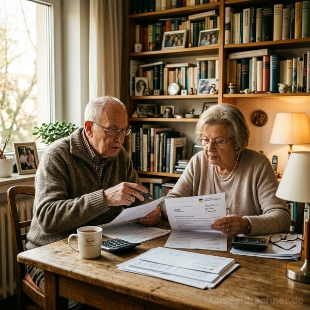 Älteres Paar prüft Rentenunterlagen der Deutschen Rentenversicherung am Esstisch