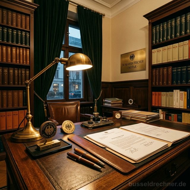 Notarbüro mit Siegel, Gesetzestexten und Dokumenten zur Unterschrift – Symbolbild Ehevertrag und Scheidungsfolgenvereinbarung