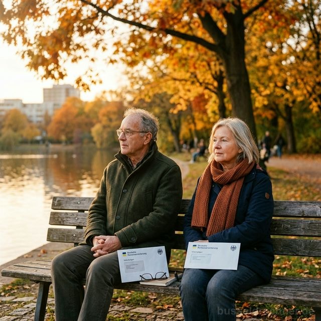 Älteres Ehepaar auf einer Parkbank mit Rentenbescheiden der Deutschen Rentenversicherung – Symbolbild Versorgungsausgleich