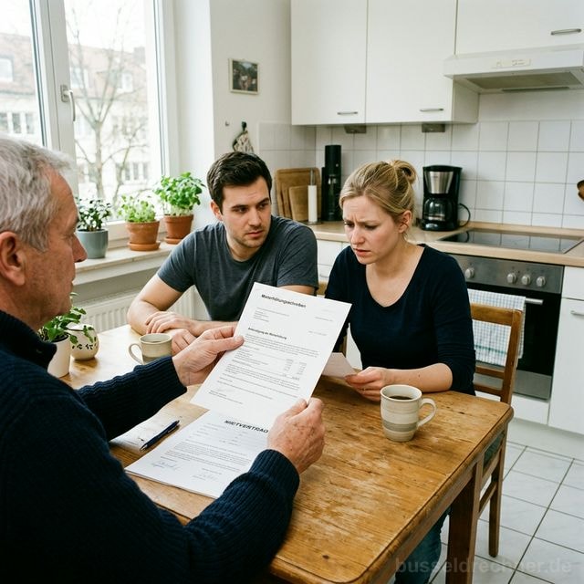 Vermieter zeigt einem besorgten Mieterpaar ein Mieterhöhungsschreiben am Küchentisch – Symbolbild Kappungsgrenze