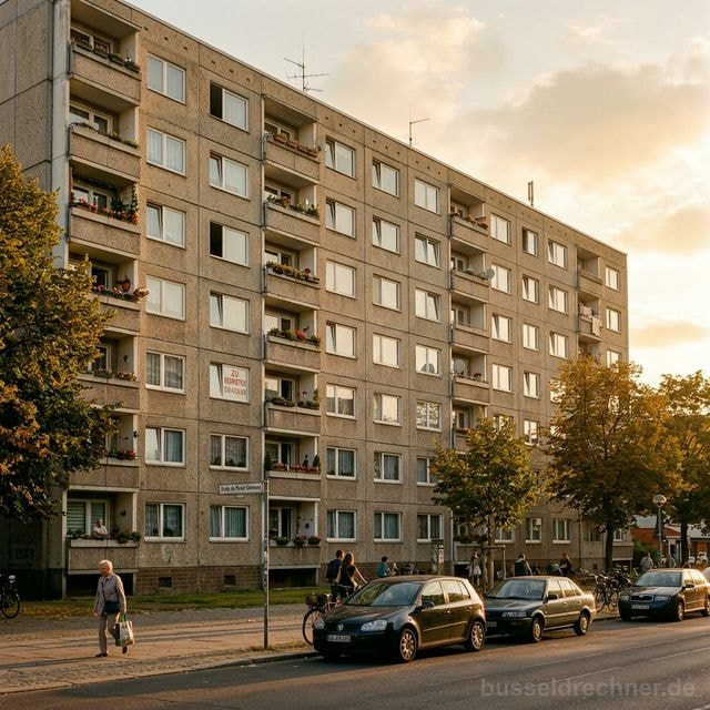 Typischer deutscher Wohnblock bei Sonnenuntergang mit Zu-vermieten-Schild – Symbolbild angespannter Wohnungsmarkt
