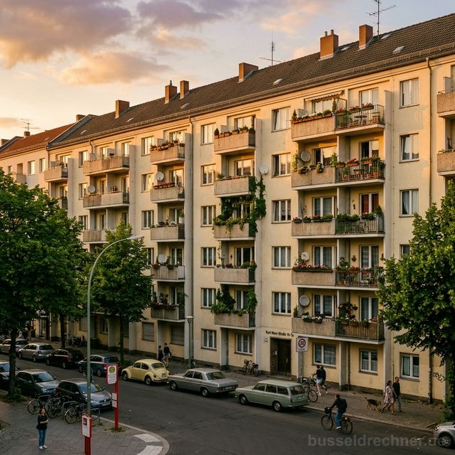 Typischer deutscher Wohnblock aus den 1960er-Jahren mit Balkonen und Pflanzen im warmen Abendlicht