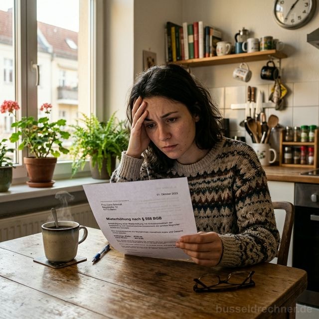 Mieterin liest ein Mieterhöhungsschreiben nach § 558 BGB in ihrer Berliner Küche
