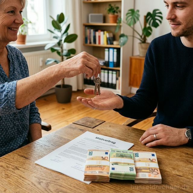 Vermieterin übergibt Wohnungsschlüssel an Mieter über Mietvertrag und Kautionsgeld auf dem Tisch – Symbolbild Mietkaution