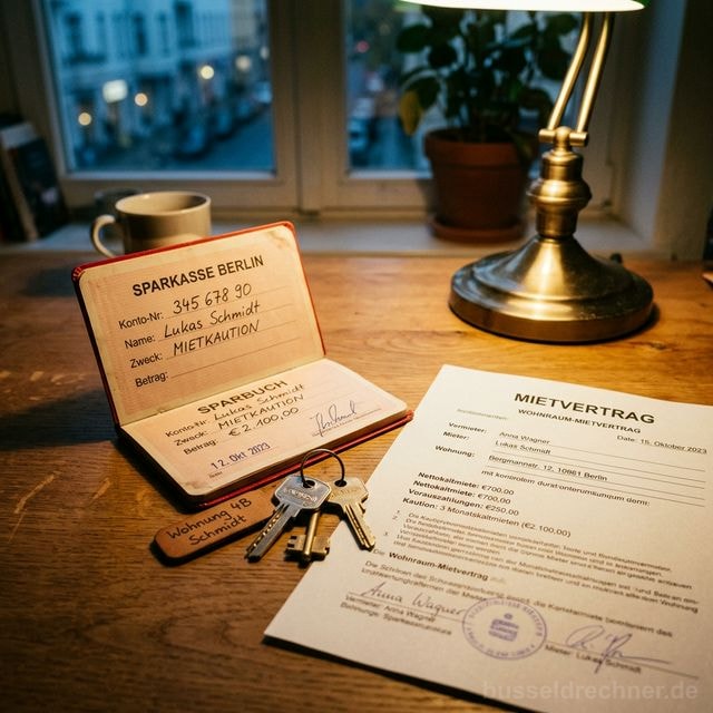 Sparkassen-Sparbuch mit Aufschrift Mietkaution neben Taschenrechner und Mietvertrag – Symbolbild Kautionskonto