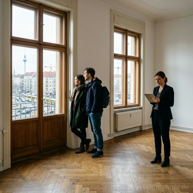 Paar besichtigt eine unrenovierte leere Wohnung in einer deutschen Großstadt mit starker Nachfrage, Symbolbild für den angespannten Wohnungsmarkt.
