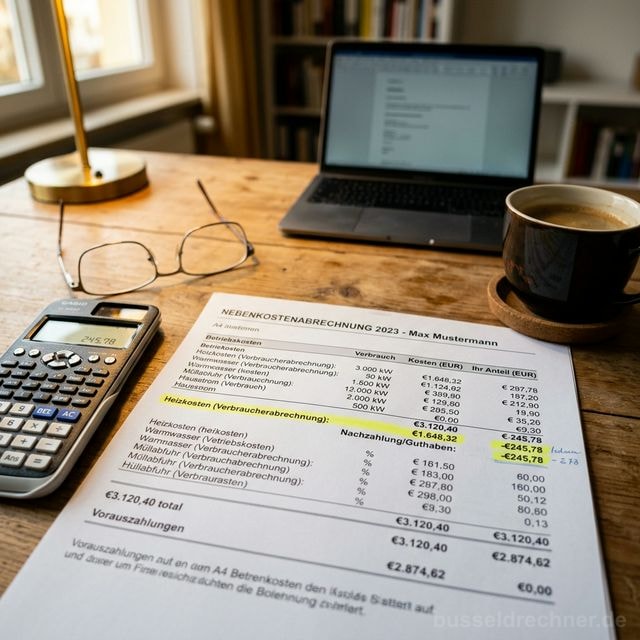 Nahaufnahme einer Nebenkostenabrechnung mit Taschenrechner und Brille auf dem Schreibtisch – Symbolbild Betriebskostenabrechnung